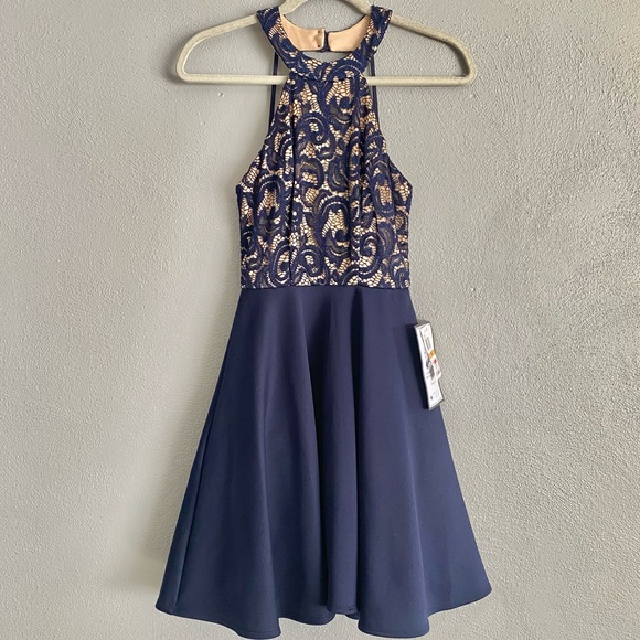 B. Darlin Formal Dress Size 4 Navy Blue Fit & Flare Glitter Lace Party Halter - Picture 2 of 11